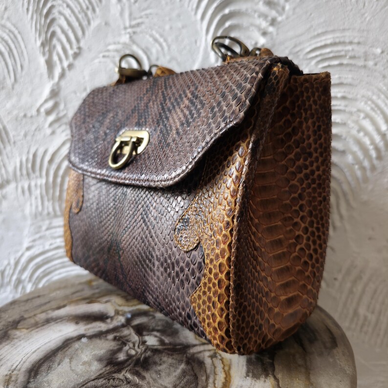 May include: A brown and tan snakeskin handbag with a brass clasp and a top handle.