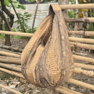Beige Large Python Leather Hobo Bag, Slouchy Snakeskin Tote Bag, Oversized Boho Shoulder Purse