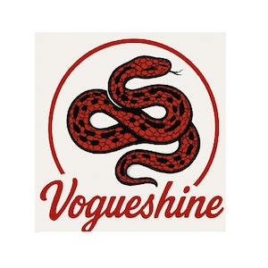 以下が含まれることがあります： 赤い円の中に、赤と黒のヘビのイラスト。下に赤い筆記体で「Vogueshine」の文字。ヘビは詳細な模様で、巻き付いている。背景は白。