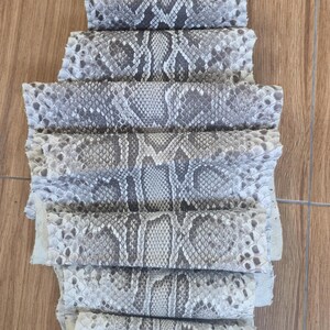 Peut inclure: Une pi&egrave;ce de cuir de serpent plate et allong&eacute;e pr&eacute;sentant un motif d'&eacute;cailles naturel dans des tons blanc cass&eacute;, gris clair et gris anthracite. La peau est pli&eacute;e en plusieurs sections horizontales, affichant une texture en losanges.