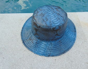Python Snakeskin Bucket Hat – Luxury Fisherman Cap, Slate Blue