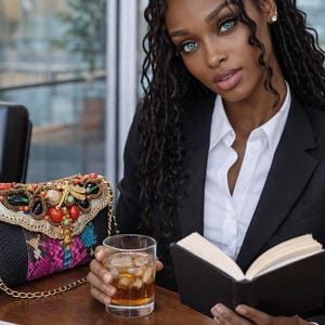 Bolsa de ombro com detalhes em pele de cobra píton e miçangas.