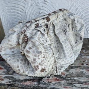 Może przedstawiać: Biała torebka ze sk&oacute;ry węża o fakturowanej powierzchni. Torebka jest złożona i ma brązowy pasek sk&oacute;rzany.