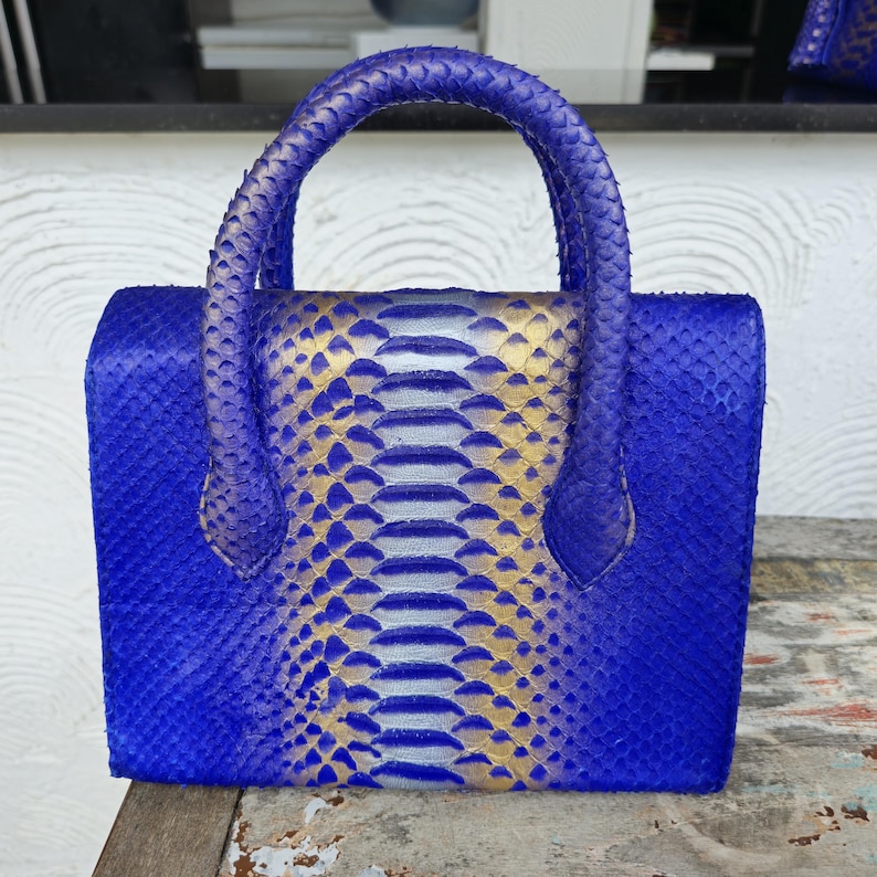 Pu&ograve; includere: Una piccola borsa a mano blu in pelle di serpente con dettagli dorati. La borsa ha un manico superiore e una forma squadrata.