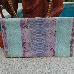 Pu&ograve; includere: Una pochette in pelle di serpente blu chiaro e rosa con un design a righe.