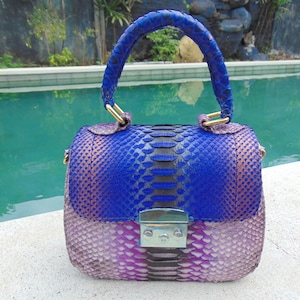 May include: A small, blue and purple handbag made of snakeskin with a gold handle and clasp.