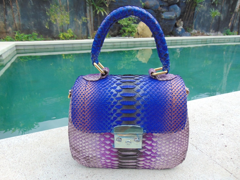 May include: A small, blue and purple handbag made of snakeskin with a gold handle and clasp.