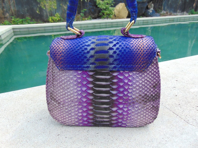 May include: A small purple and blue snakeskin handbag with a gold clasp and handle.