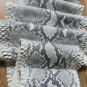 Puede incluir: Primer plano de varios trozos de piel de serpiente, dispuestos en un patrón en capas. Las pieles son principalmente blancas y grises, con un patrón de escamas. Las pieles están sobre una superficie de madera. Las pieles parecen listas para su uso en la artesanía.