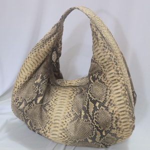 Beige Large Python Leather Hobo Bag, Slouchy Snakeskin Tote Bag, Oversized Boho Shoulder Purse