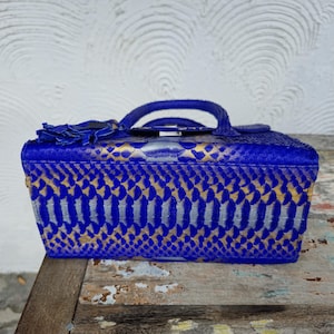 Pu&ograve; includere: Una piccola borsa a mano blu con un motivo a pelle di serpente dorata e argentata.