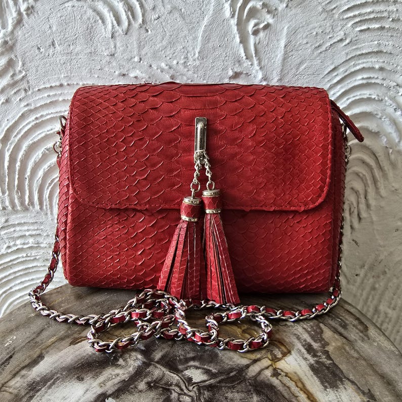 May include: A red crossbody bag with a textured, snake-like pattern. The bag features a silver chain strap with red leather accents and decorative tassels. The bag has a flap closure and a rectangular shape.