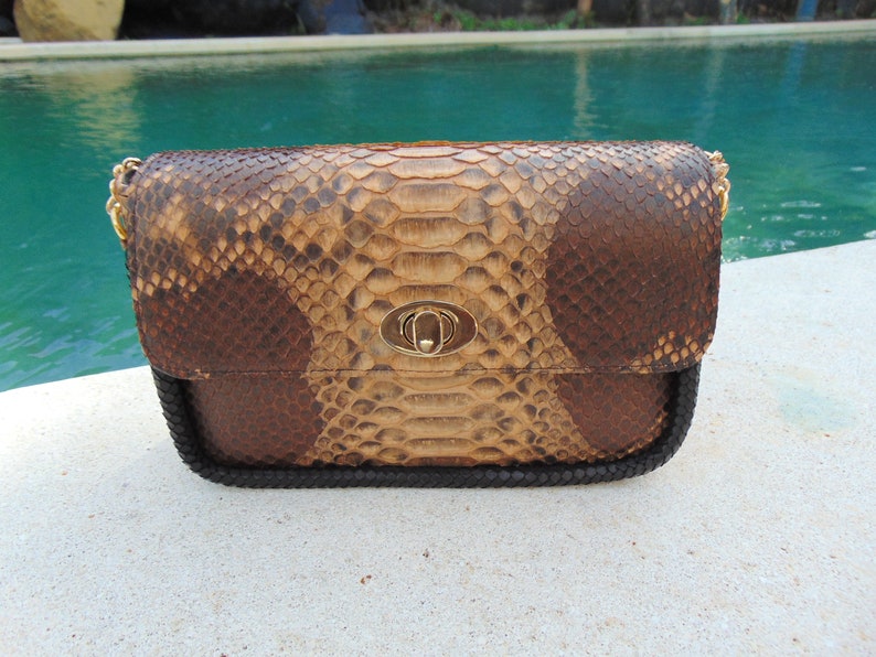 Peut inclure: Un petit sac &agrave; main en cuir de serpent brun et beige avec une fermeture dor&eacute;e et une bandouli&egrave;re en cha&icirc;ne noire.
