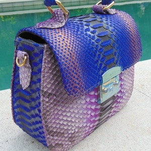 May include: A small, blue and purple snakeskin handbag with a gold clasp and a top handle.