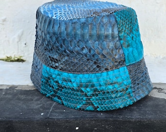 Python Snakeskin Bucket Hat – Luxury Fisherman Cap, Aqua Blue