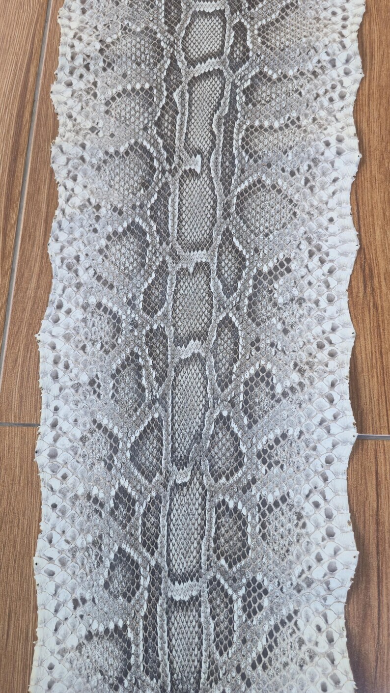 May include: A long, flat piece of snakeskin featuring a repeating diamond-shaped scale pattern in shades of white, light gray, and dark charcoal. The skin has a textured surface with a natural, irregular edge along both sides of the length.