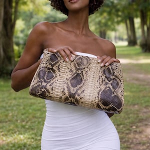 Python Leather Clutch – Cream Snake Skin Evening Bag