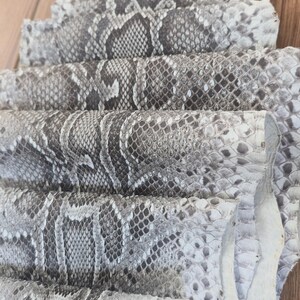 May include: A stack of multiple pieces of genuine snakeskin leather featuring a natural grey, white, and black scale pattern. Each piece is layered to show the textured, overlapping scales and the organic, irregular edges of the animal hide.
