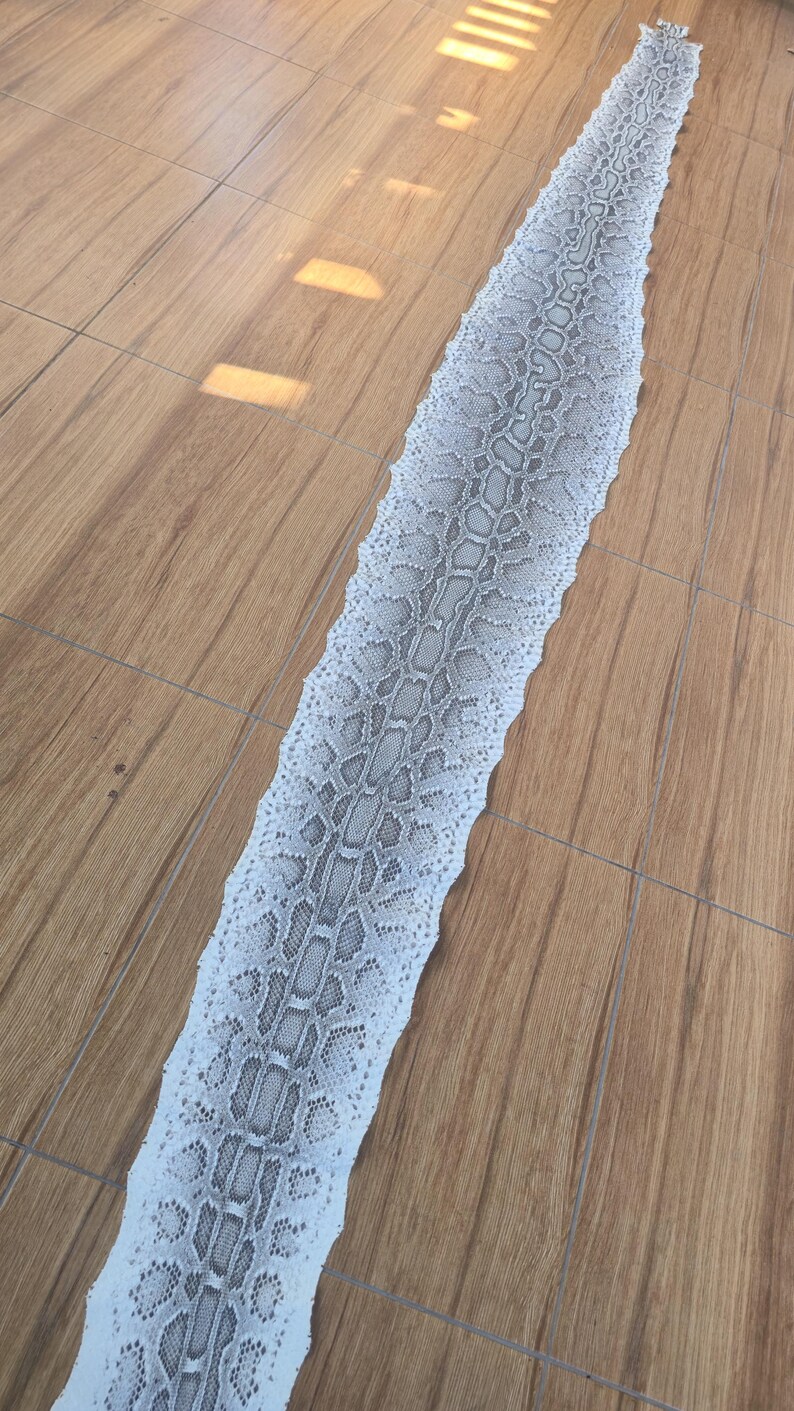 May include: A long, flat, tanned snakeskin featuring a repeating scale pattern in shades of white, light gray, and dark gray. The skin is elongated and narrow, displaying a natural, textured surface with a distinct, symmetrical diamond-like scale arrangement.