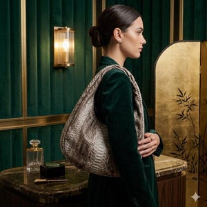 Puede incluir: Un bolso de hombro estilo hobo con un patrón de piel de serpiente texturizado en tonos beige, marrón y crema. El bolso tiene una silueta holgada y no estructurada con una correa ancha integrada, diseñada para llevarse cómodamente al hombro.