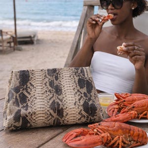 Python Leather Clutch – Cream Snake Skin Evening Bag