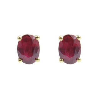 Natural Ruby Stud Earrings 14K Yellow Gold Ruby Oval Earrings, Ruby Valentine Gift for Her, Prong Set Stud Earrings, Precious Gemstone Studs