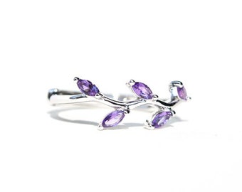 Natural Amethyst Cluster Promise Ring 925 Sterling Silver Amethyst Scattered Leaf Statement Ring February Birthstone Anniversary Gift Ring.