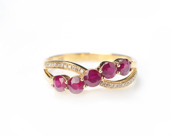 Ruby Crossover Bridal Wedding Band 14K Red Stone Eternity Engagement Ring, Moiisanite Infinity Style Valentine Proposal Gift Jewelry For Her