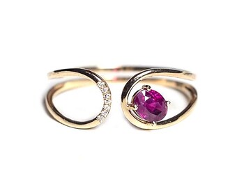 Ruby, Diamond Unique Style Valentine Gifted Ring 9K Gold Split Shank Ruby Engagement Ring Oval Ruby Wedding Ceremony, Promise Ring for Her.