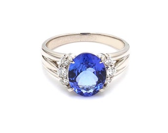Vintage Art Deco Tanzanite Ring, Diamond Accent, 18K White Gold Tanzanite Diamond Wedding Statement Ring, Women Dainty Anniversayr 14K Ring