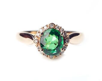 Natural Tsavorite Garnet ,Diamond Halo Bridal Wedding Ring 18K Gold Green Tsavorite Solitaire Engagement Ring, Women Anniversary Gifted Ring