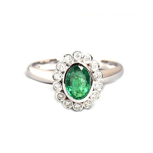 Natural Emerald Diamond Classic Engagement Ring 14K Gold Emerald Floral Halo Proposal Ring Bezel Set Emerald Women Wedding Ceremony 14K Ring
