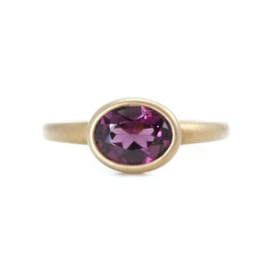 Contemporary Style Satin Finished Ring Engagement Ring East West Rhodolite Classic Valentine Proposal, Bezel Set Rhodolite Promise 14K Ring.