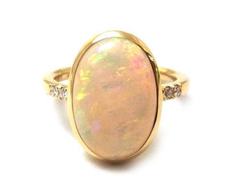 8.00 Carat Ethiopian Opal Cocktail Ring Bezel Set Opal Anniversary Ring 9K Big-Bold Opal Women Gifted Ring Diamond Accent Opal Ceremony Ring
