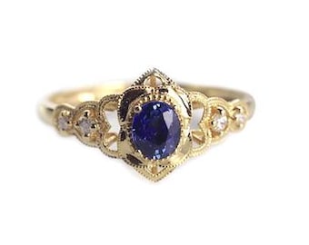 Edwardian Style Blue Sapphire Wedding Ring 14K Gold Vintage Filigree Style Sapphire Wedding Ring Oval Sapphire Women Wedding Ceremony Gifted