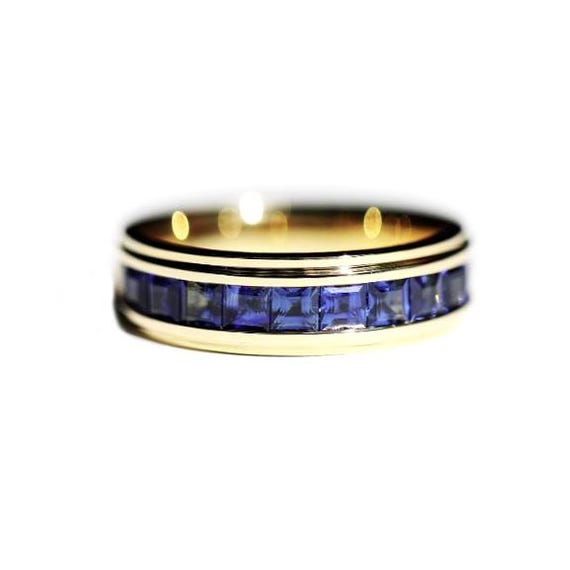 Men's Sterling Silver Channel Set Wedding Band With Lab Created Blue Sapphire | Size 12 - View #3