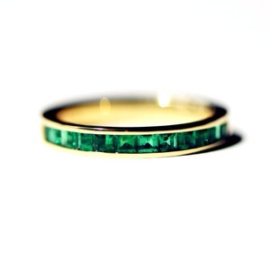 Natural Princess Cut Emerald Classic Wedding Band 14K Gold Channel Setting Emerald Eternity Band Women Gifted Emerald Anniversary Gold Band.