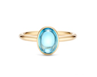 3.00Ct Swiss Blue Topaz Cabochon Ring 14K Gold Topaz Cabochon Promise Ring Bezel Set Classic Topaz Engagement Ring Women Gifted Blue Stone.