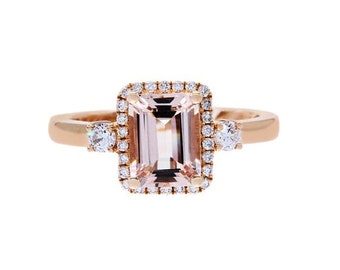 Classic Morganite Halo Engagement Ring Emerald Cut Morganite Wedding Proposal Ring Topaz Halo Morganite Women Anniversary Valentine 14K Ring