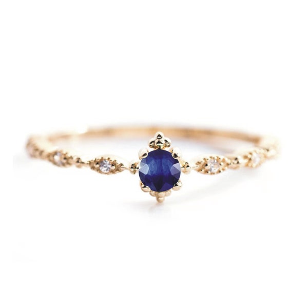 Lab Created Blue Sapphire Minimalist Engagement Ring 14K Yellow Gold Edwardian Style Wedding Promise September Birthstone Anniversary Ring.