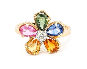 Multi Sapphire Flower Ring 14K Gold Pear Shape Sapphire Valentine Promise Ring, Rainbow Sapphire Party Worn Ring, Floral Ring for Valentine.