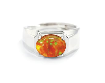 Natural Fire Opal Ring 925 Silver Opal Cabochon Ring Men's Gifted Opal Ceremony Ring Orange Opal Classic Ring Unisex Opal Gift Ring for Her.