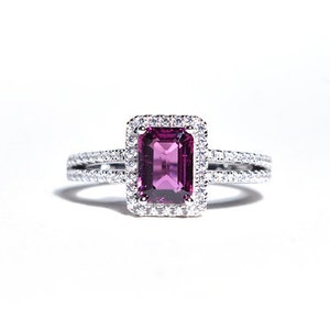 Rodolith Granat Zirkonia Halo Braut 925 Silber Ehering Achteckform Rhodolith Verlobungsring Klassisches Jahrestag Geschenk für sie.