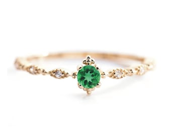 Created Emerald Edwardian Style Engagement Ring 14K Yellow Gold Minimalist Emerald Promise Ring Art Deco Gold Emerald Anniversary Gift Ring.