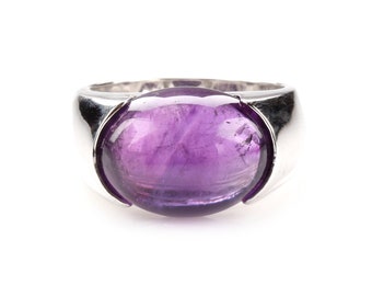 Stor & Djärv Ametist Cocktailring East West Ametist Cabochon Ring 925 Silver Ametist Ceremoniring Mors dag-present Lila Ametistring.