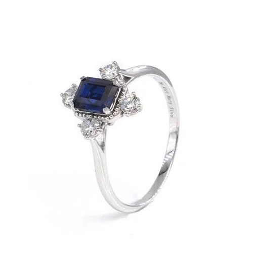 Lab Blue Sapphire Art Deco shops Statement Ring 925 Silver Emerald Cut Sapphire Engagement Ring Scattered Cluster Valentine Proposal Ceremony Ring