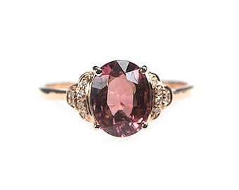 Klassisk alla hjärtans dag-ring i rosa turmalin, 14 karat roséguld, förlovningsring med solitär och rosa turmalin, diamantring för jubileumsgåva