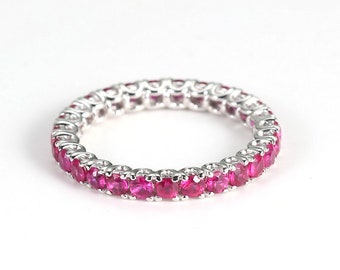 Lab Grown Ruby Wedding Band Round Ruby Full Eternity 925 Silver Red Gemstone Claw Setting Band Women Dainty Ruby Anniversary Classic Gifted.