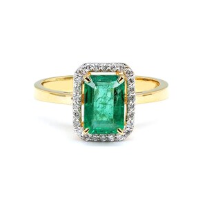 Zambian Emerald, Diamond Halo Wedding Ring Emerald Cut Vintage Engagement Ring 14K Gold Emerald Octagon Proposal Ring Women Dainty Emerald.