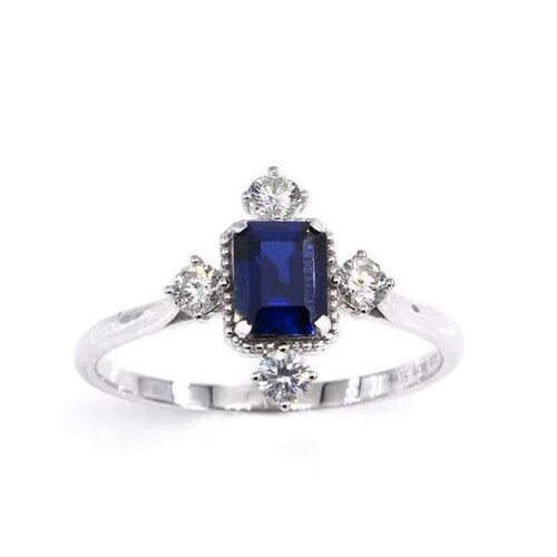 Lab Blue Sapphire Art Deco shops Statement Ring 925 Silver Emerald Cut Sapphire Engagement Ring Scattered Cluster Valentine Proposal Ceremony Ring
